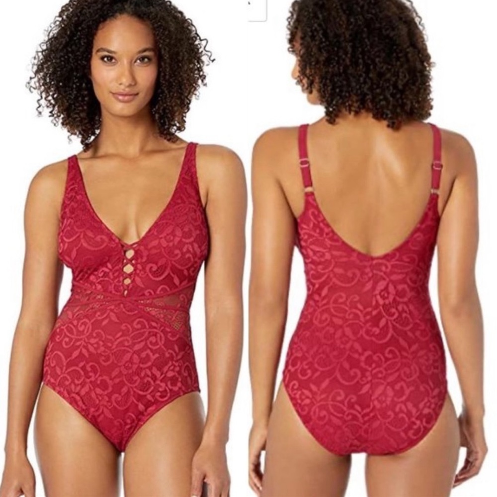 Profile by Gottex Lace Swimsuit Shalimar D-Cup 1 Piece Ruby Swim Straps
